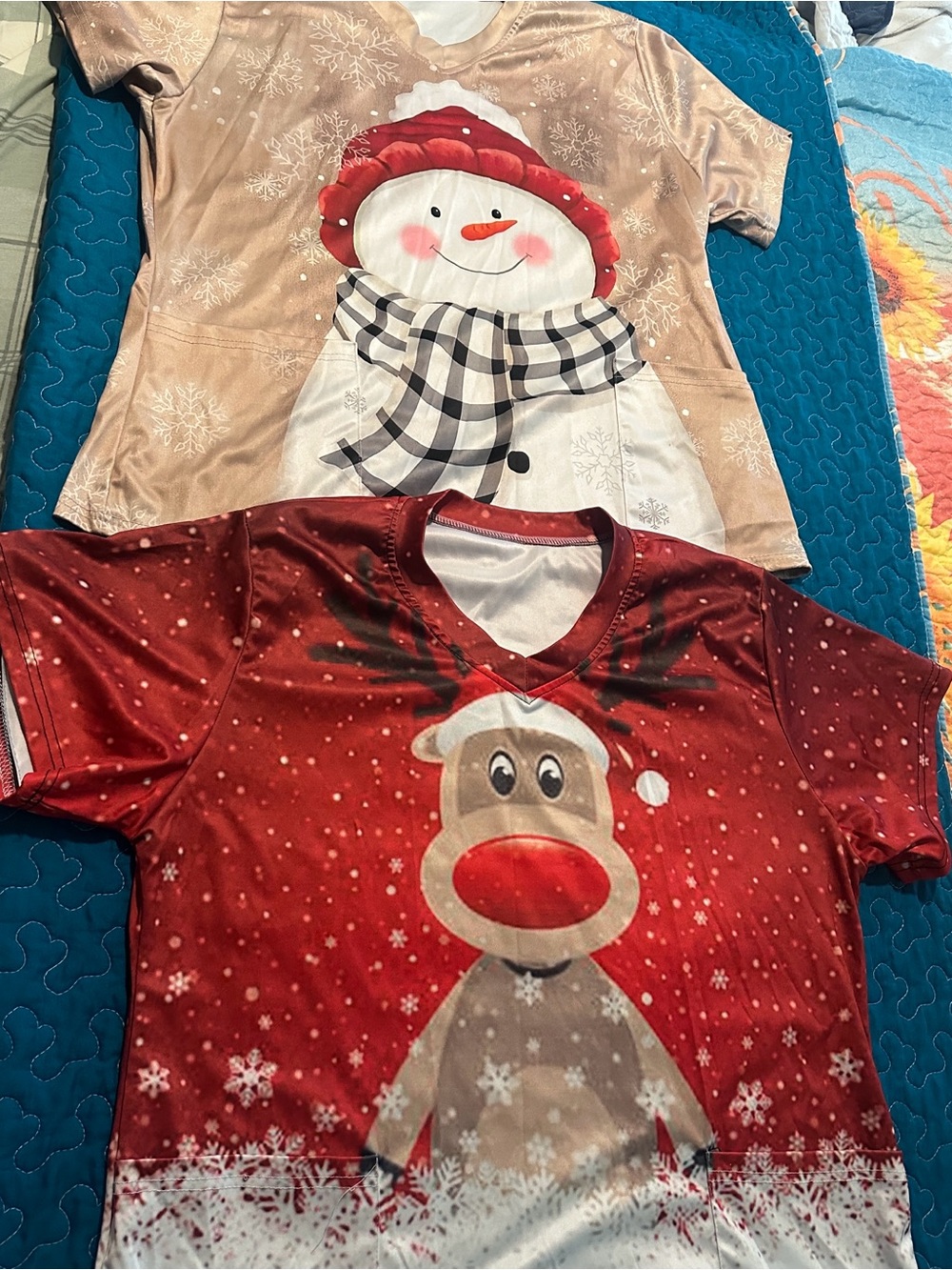 Source Unknown Red Reindeer and Tan Snowman Holiday Tops